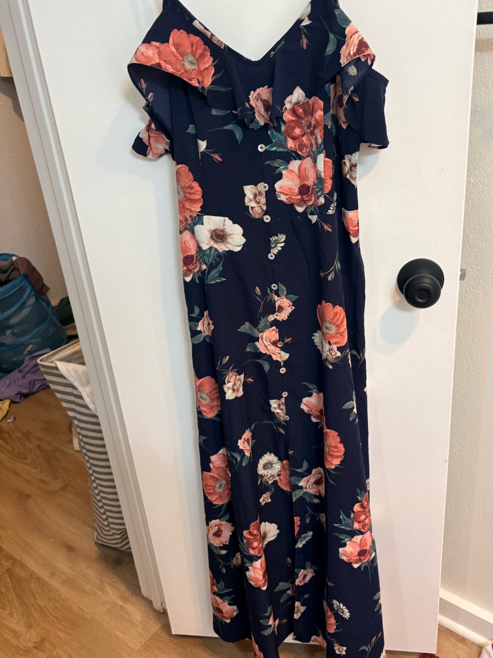 Altar'd State Navy Floral Ruffle Cold-Shoulder Maxi